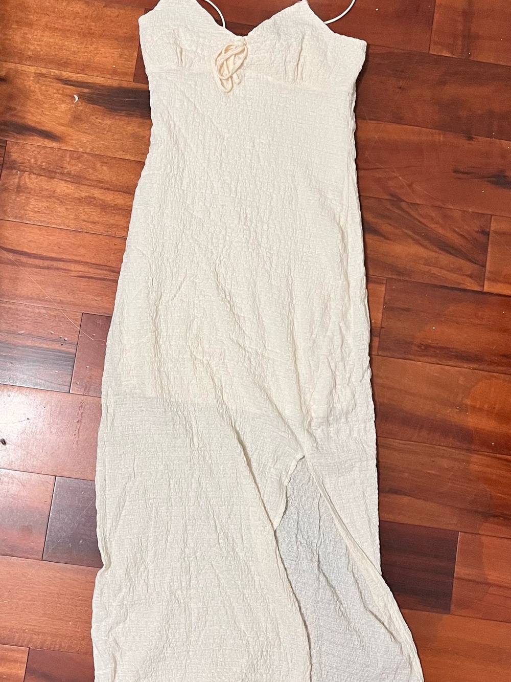 Elegant Cream Textured Maxi Dress with Spaghetti Straps